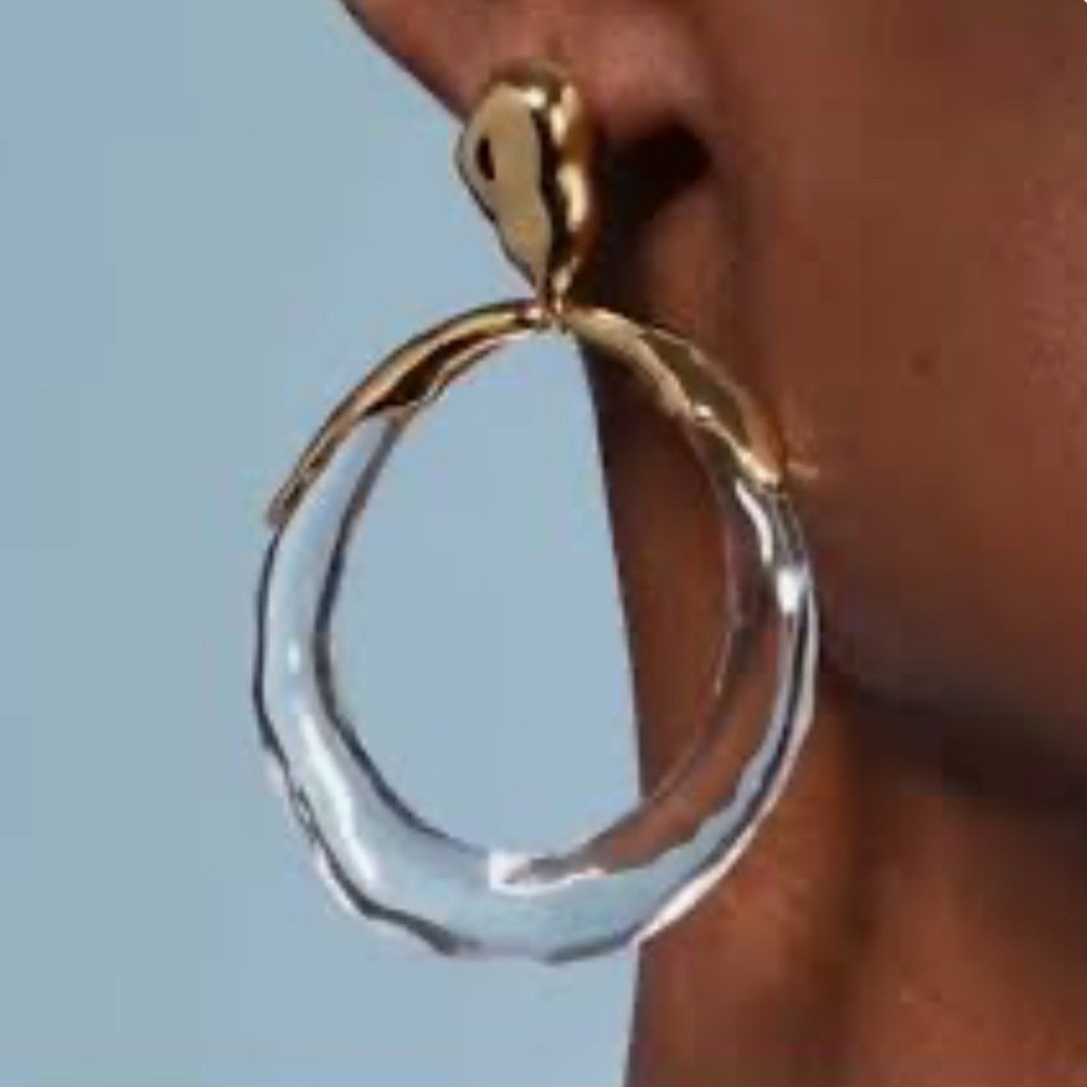 Alexis Bittar Molten Gold Metal and Clear Lucite Hoop Drop Earrings - Picture 2 of 8